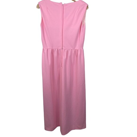 60s Vintage Pink Empire Line Midi  V-neck Pearl Appliqué Dress Sz M/L - Picture 2 of 7